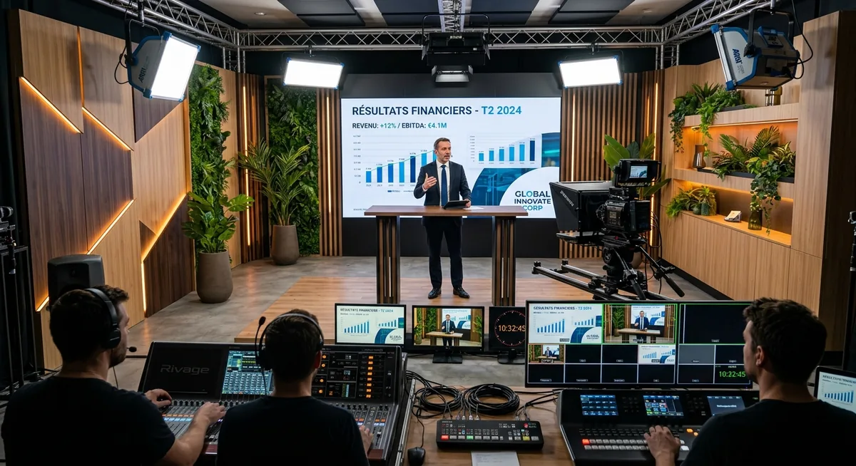 Régie de webcast financier : plateau, écran de résultats trimestriels, caméra broadcast et opérateurs en régie